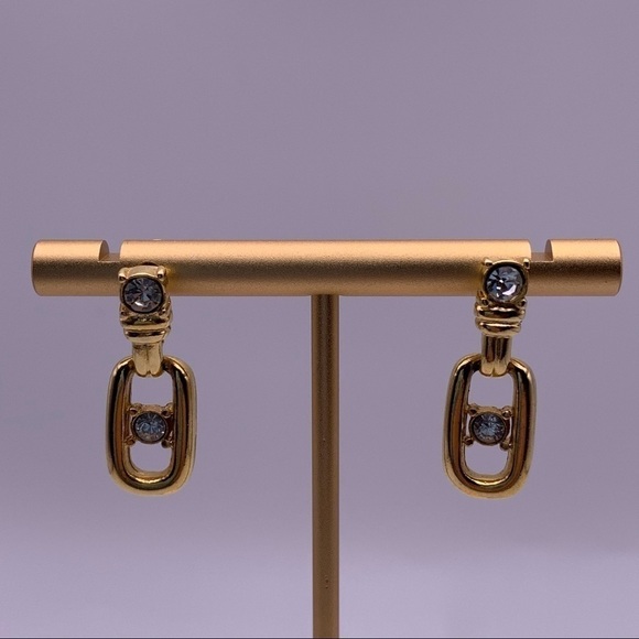 Gold Toned Cubic Zirconia Stud Dangle Earrings - Picture 2 of 4